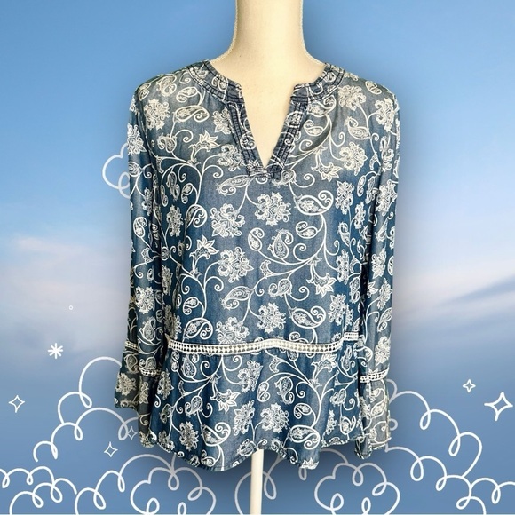 Fourteenth Place Tops - Fourteenth Place Denim Blue & White Paisley Lyocell Bohemian Print Top Size M